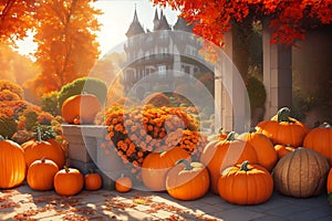 Beautiful decorative composition of pumpkins, vegetables, flowers against the backdrop of a garden and a mansion. ai