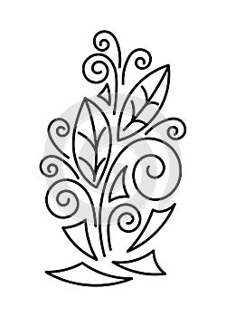 Beautiful decorative element of leaves, curls and triangles. Hand-drawn stylized bouquet