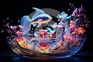 Beautiful Decorative Fish Swimming on Fish Bowl with Floral Flowers and Neon Lighting