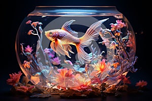 Beautiful Decorative Fish Swimming on Fish Bowl with Pink Flowers and Neon Lighting