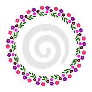 Beautiful decorative frame of flowers. Pink flowers on a branch in a circle. Round floral frame for photo or text. Vector