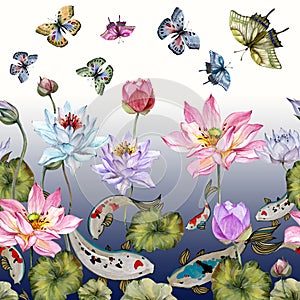 Beautiful decorative japanese carp koi fish Cyprinus carpio and lotus flowers,butterflies. Seamless border. Watercolor painting