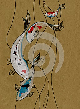 Beautiful decorative japanese carp koi  fish set Cyprinus carpio Colorful fish on paper background. Watercolor painting.