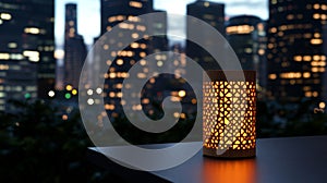 A beautiful decorative lamp casts warm light into a serene evening ambiance.