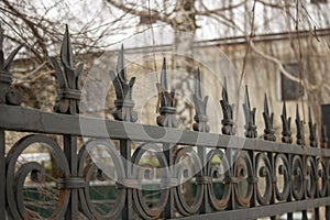Beautiful decorative vintage wrought iron fence with artistic forging.