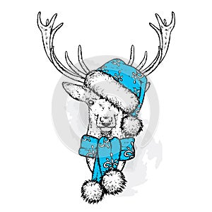 Beautiful deer in Santa`s hat. Vector illustration for a postcard or a poster. New Year`s and Christmas. Winter holidays.