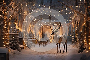 the beautiful deer walk through the festively decorated New Year\'s yard
