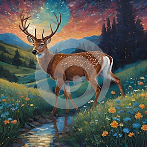 A beautiful deer at a whimsical valley, in a painting of Van Gogh, sunset, spring tree, plants, wildflowers, animal and nature