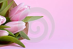 Beautiful delicate bouquet of tulip flowers in craft wrapping paper on pink background with copy space
