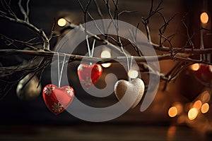 Beautiful and delicate heart shaped Christmas ornaments on tree branch, blurred background. Generative AI