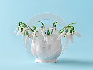 Beautiful delicate snowdrops in a white vintage ceramic vase on a blue background. Small bouquet of the first spring flowers