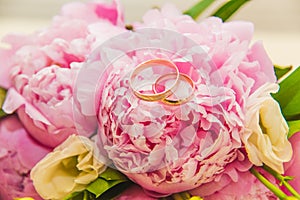 Beautiful delicate wedding bouquet of pink peonies and wedding rings of the bride and groom