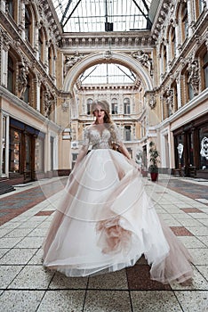 Beautiful delicate young woman, sexy bride in luxurious wedding dress