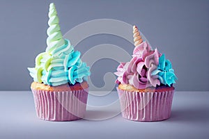 Beautiful delicious cupcakes with multi-colored cream and original birthday decorations