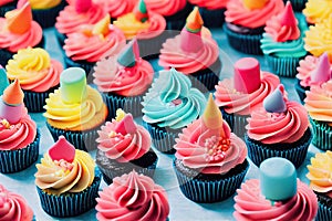 Beautiful delicious cupcakes with multi-colored cream and original birthday decorations