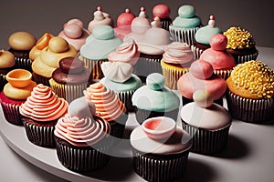 Beautiful delicious cupcakes with multi-colored cream and original birthday decorations