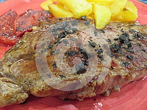 Beautiful and delicious grilled beef steak with chips