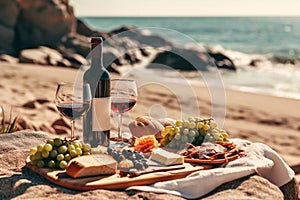 Beautiful delicious romantic still life with bottle of red wine, glasses and grapes