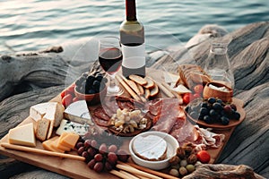 Beautiful delicious romantic still life with bottle of red wine, glasses and grapes