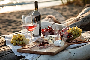 Beautiful delicious romantic still life with bottle of red wine, glasses and grapes. Sandy beach, lake, sunset in background.