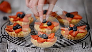 Beautiful delicious summer tartlets with fresh custard creamy filling topped with strawberry and blueberry
