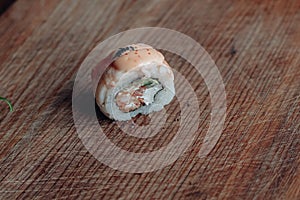 Beautiful delicious sushi. Sushi delivery. Advertising sushi rolls made of fish and cheese.