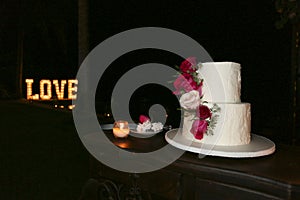 A beautiful and delicious wedding cake. photo