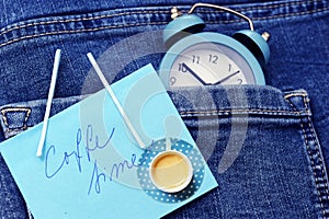 Beautiful denim pocket with espress coffee picture and clock like Coffee time concept