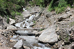 Beautiful dense forest view of  Parvati valley with river, Himachal Pradesh