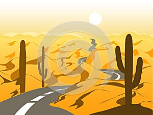 Beautiful desert landscape with asphalt road and cactus. Cartoon vector illustration.