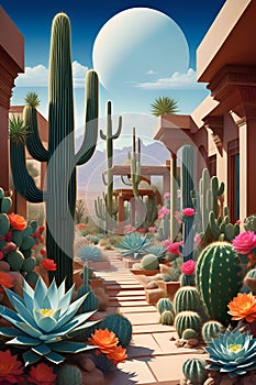 A beautiful desert oasis and blooming cactus garden, with architectural blueprints, natural chaos, in bold painting, abstract art