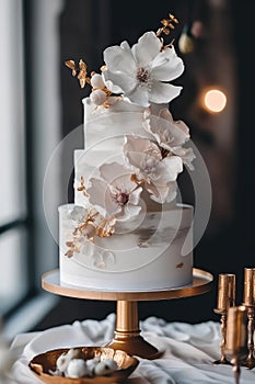 Beautiful designer wedding cake with floral decorations, Generative AI