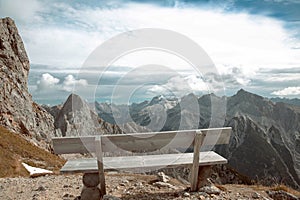 Beautiful destinations. Single bench over Ridge Mountain National Park, vacation destination Landscape background.