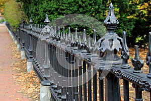 Beautiful detail of black wrought iron fence and brick walkway