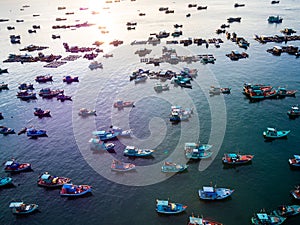 Beautiful detail top view of fisher boats in vietnam