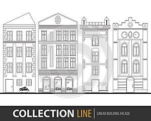 Beautiful detailed linear cityscape collection with townhouses. Small town street with victorian building facades