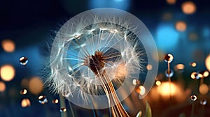 Beautiful dew drops on a dandelion seed macro, Beautiful blue background