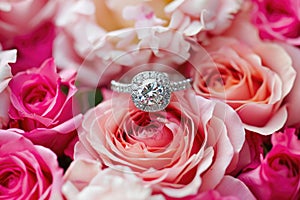 A beautiful diamond ring placed in the center of a cluster of pink roses, An engagement ring sparkling amongst a sea of roses, AI