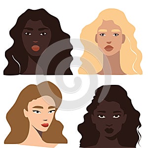 Beautiful different Women head portrait isolated. Modern feminist vector illustration. EmbraceEquity The concept of