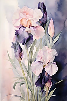 beautiful Digital art with soft black -peach pink iris flowers against colorful abstract background. paint watercolor style.