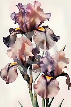 beautiful Digital art with soft pink-purple iris flowers against pale pink background. paint watercolor style. Ai generated