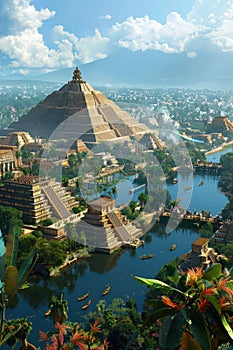 A beautiful digital painting of a vast and ancient Mesoamerican city, with towering pyramids, temples, and plazas. The city is