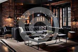 beautiful dining room with black sofa GENERATED BY AI TOOL