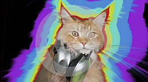 Beautiful disco cat wearing headphones