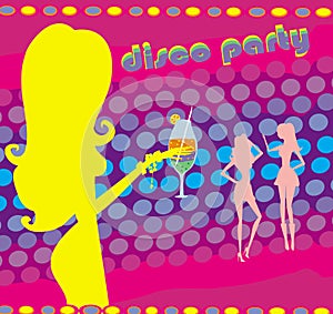 Beautiful disco girl with drink - background disco party