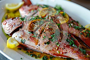 a beautiful dish of fried red fish fillet