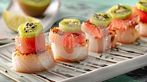 A beautiful display of islandinspired nigiri topped with slices of juicy watermelon ripe kiwi and perfectly seared