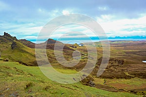 Beautiful display of the landslip, mountain hill Quiraing with mountain trails in Scotland