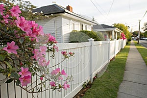 Pink flowers against white wooden garden fence in Melbourne, VIC, Australia photo