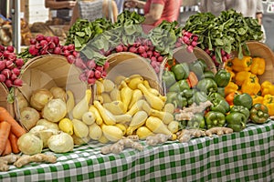 Beautiful display of radishes, yellow squash, onions, ginger and a verity of colored peppers